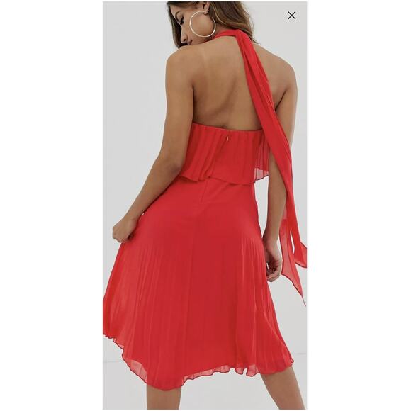 ASOS Design Burgundy Halter Tie Neck Above Knee Pleated Dress Size 8 Medium - Picture 6 of 13